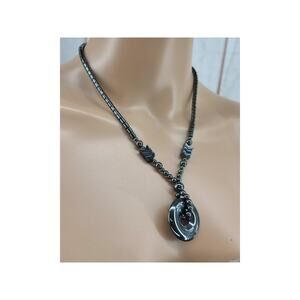 Vintage Black Hematite Barrel Chevron & Round Beads Donut Disk Pendant Necklace